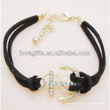 plated gold color anchor alloy black leather bracelet